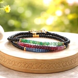 Natural Black Spinel, Sapphire, Emerald, Ruby Wrap Bracelet Convertible Necklace